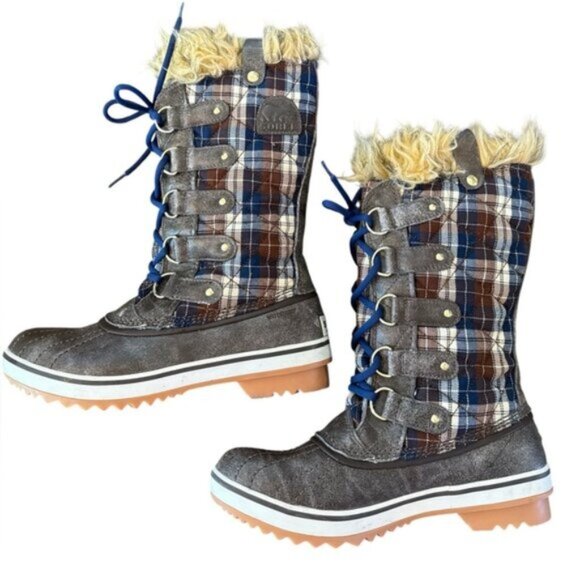 Sorel Tofino Plaid Waterproof Winter Boots Faux Fur Blue Brown Plaid Size 7.5 - Picture 2 of 11